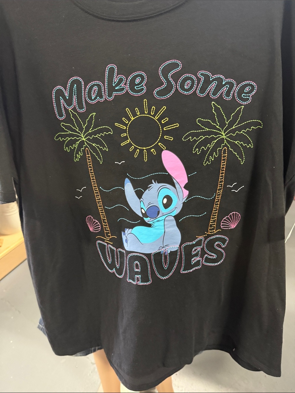 Disney Black Kids Tee with Blue Stitch & Neon Tropical Graphic
